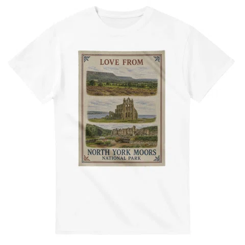 Framed scenic design for North York Moors National Park, with several local views, a decorative border and LOVE FROM lettering.