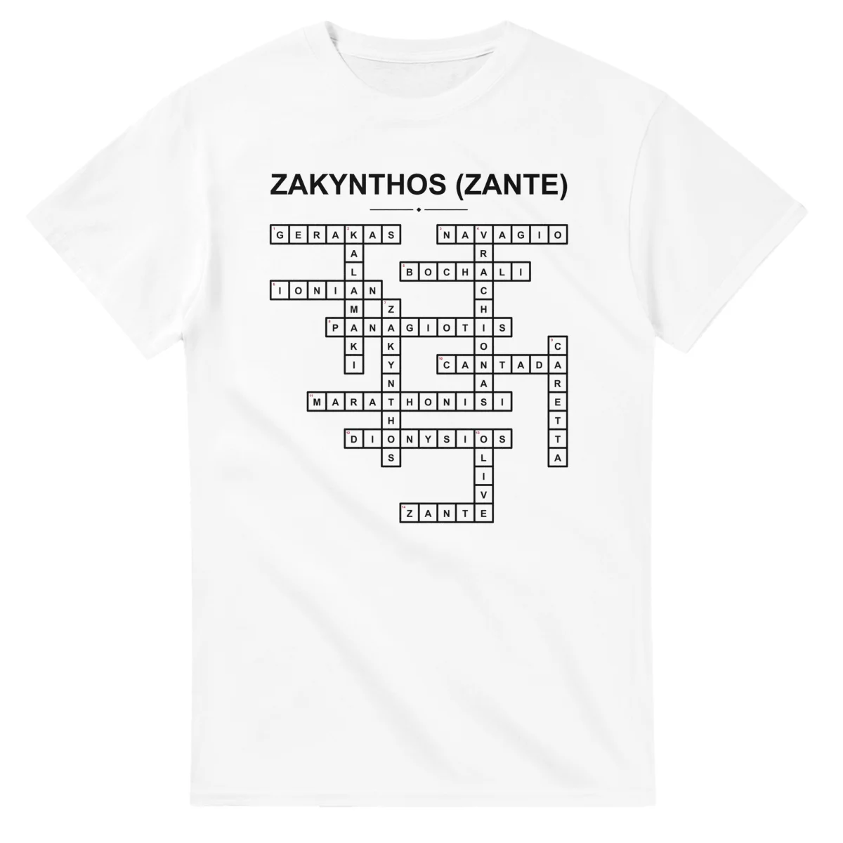 Monochrome crossword sheet for Zakynthos (Zante), with a large place-name heading, a letter grid, and numbered across and down clues.
