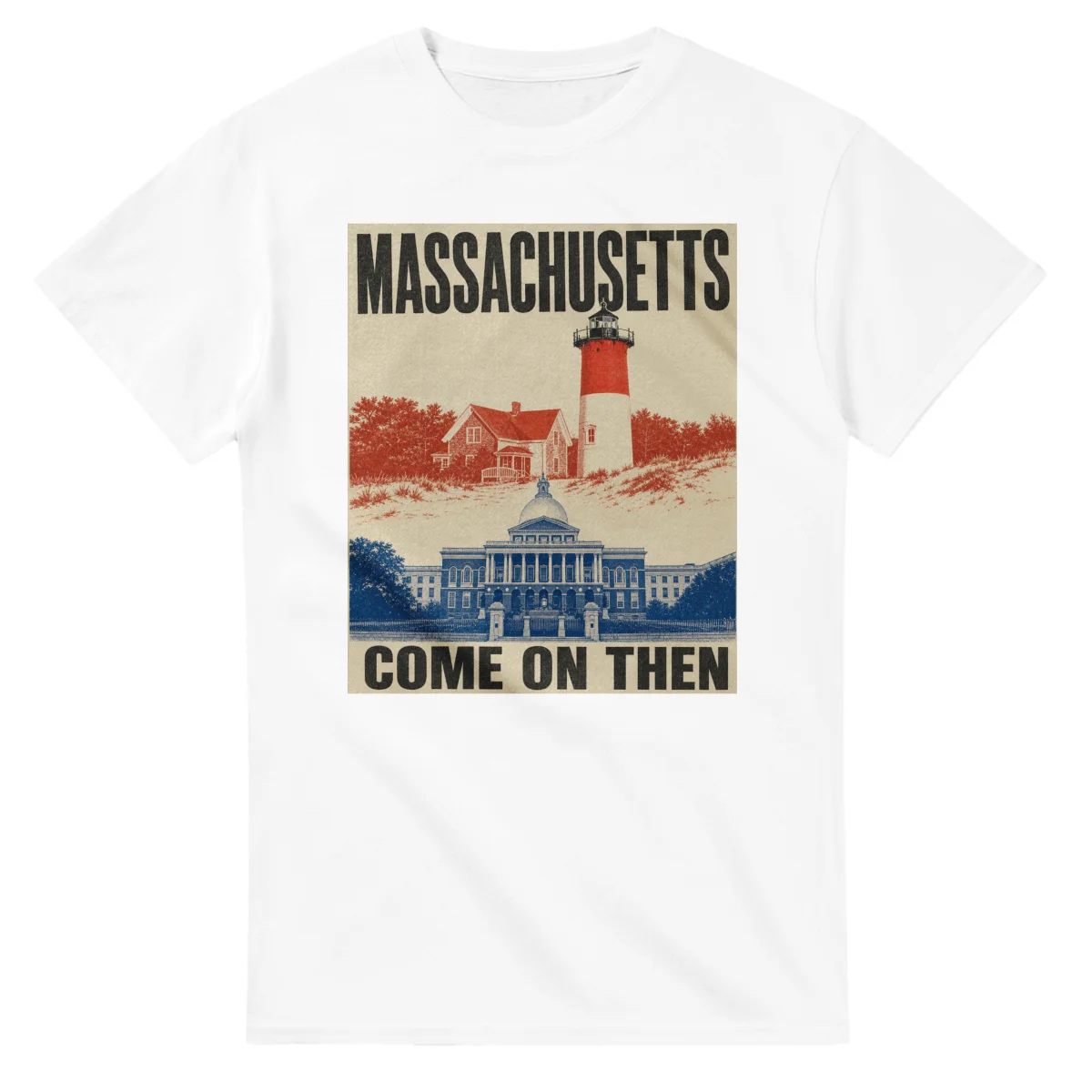 Two-colour scenic illustration for Massachusetts, with the place name and COME ON THEN lettering.
