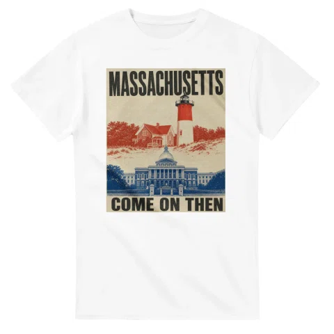 Two-colour scenic illustration for Massachusetts, with the place name and COME ON THEN lettering.