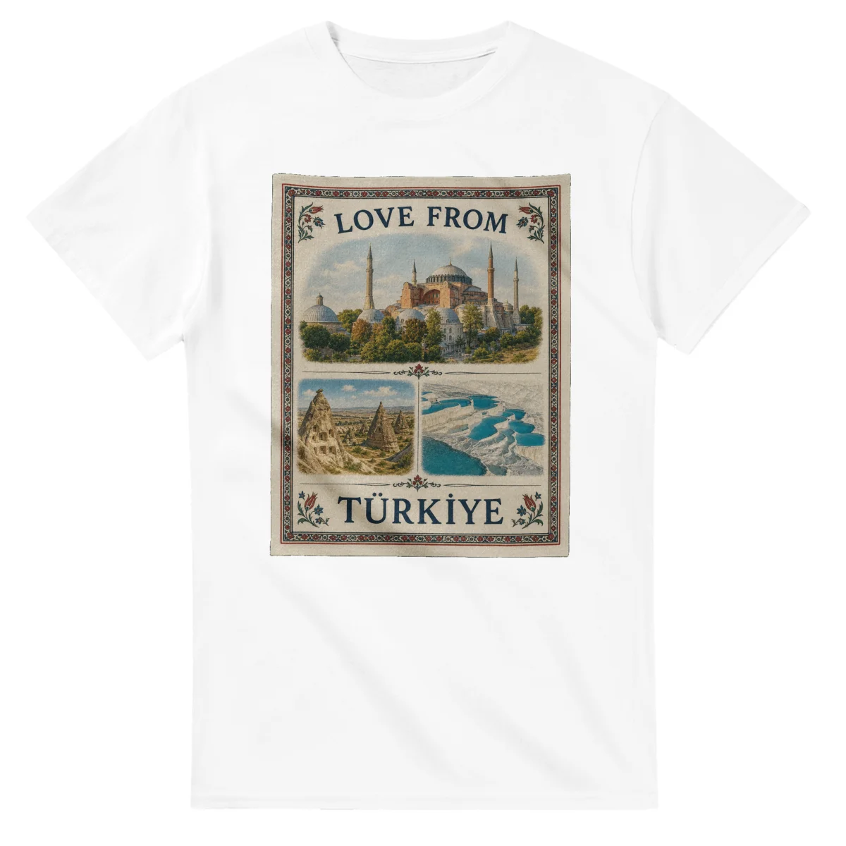 Framed scenic design for Türkiye, with several local views, a decorative border and LOVE FROM lettering.