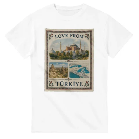 Framed scenic design for Türkiye, with several local views, a decorative border and LOVE FROM lettering.