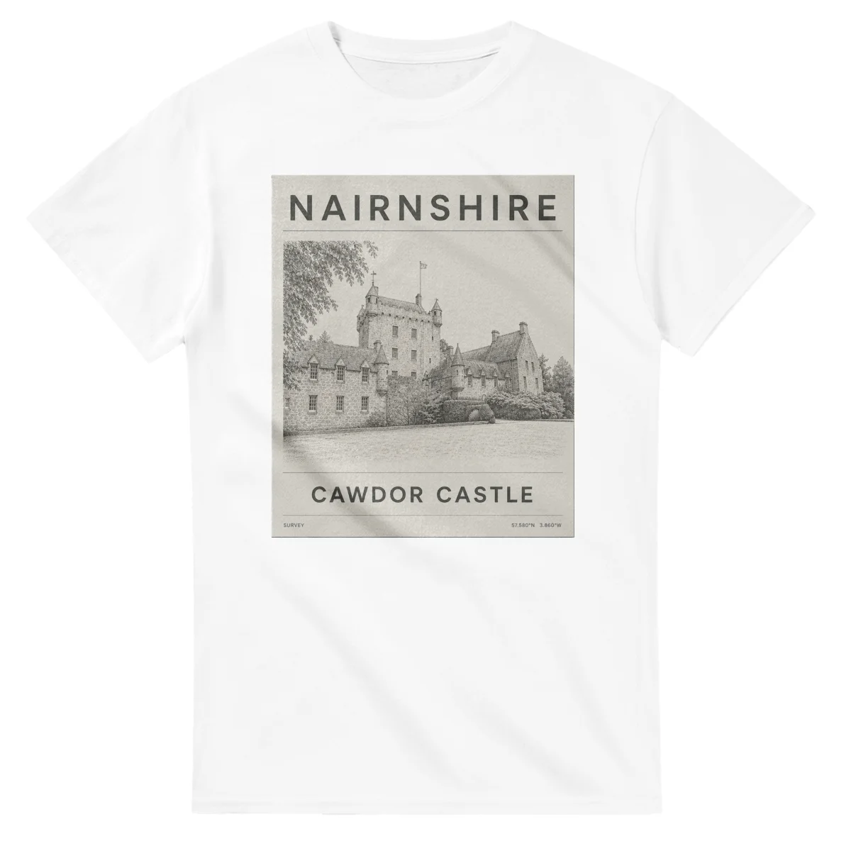 Fine-line engraving-style drawing for Nairnshire, with a landmark caption and small coordinate text.