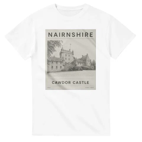 Fine-line engraving-style drawing for Nairnshire, with a landmark caption and small coordinate text.