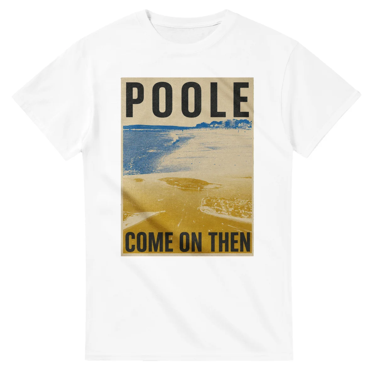 Two-colour scenic illustration for Poole, with the place name and COME ON THEN lettering.