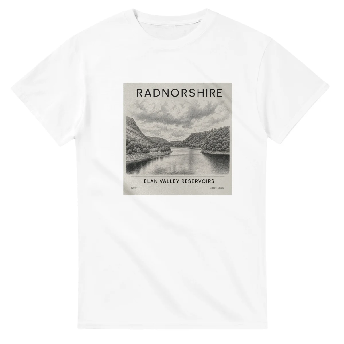 Fine-line engraving-style drawing for Radnorshire, with a landmark caption and small coordinate text.