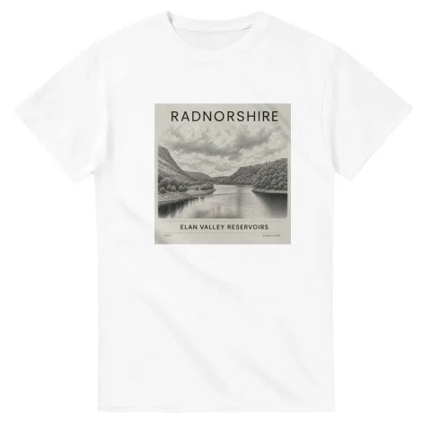 Fine-line engraving-style drawing for Radnorshire, with a landmark caption and small coordinate text.