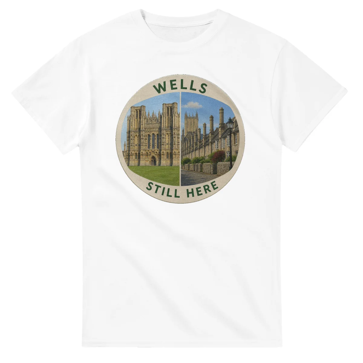 Painted, panelled scenic illustration for Wells, with paired local scenes and the place name in lettering.