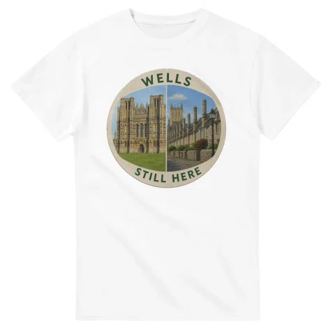 Painted, panelled scenic illustration for Wells, with paired local scenes and the place name in lettering.