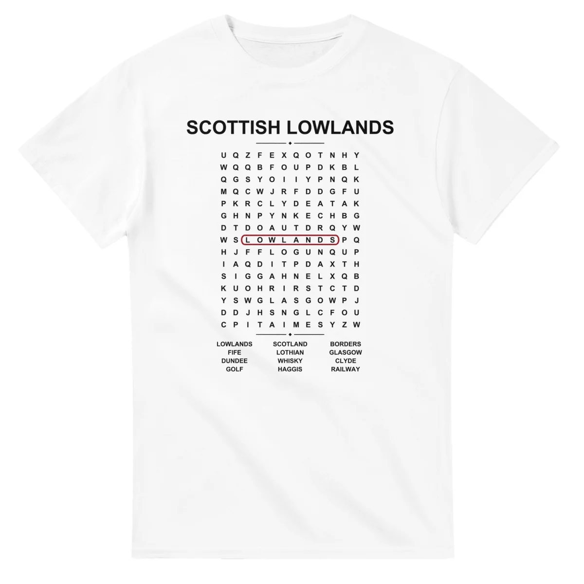 Word-search sheet for Scottish Lowlands, with a large place-name heading, a letter grid, a local answer list, and a red highlighted example word.