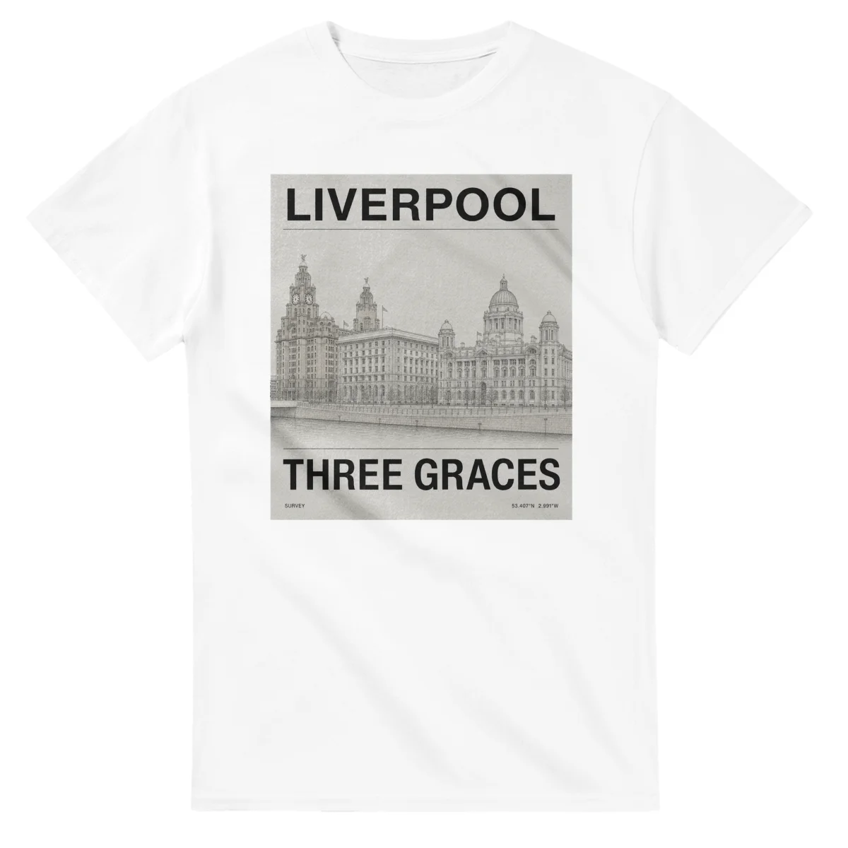 Fine-line engraving-style drawing for Liverpool, with a landmark caption and small coordinate text.