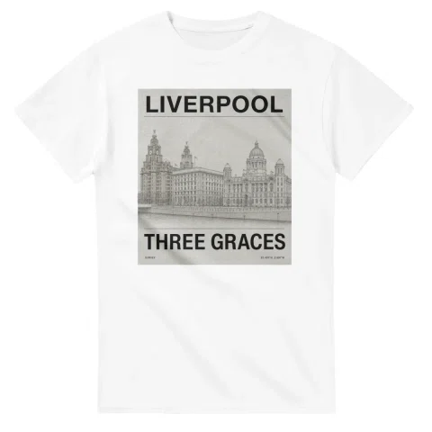 Fine-line engraving-style drawing for Liverpool, with a landmark caption and small coordinate text.