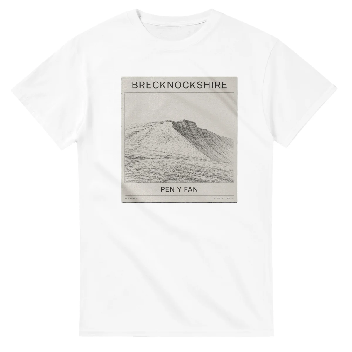 Fine-line engraving-style drawing for Brecknockshire, with a landmark caption and small coordinate text.