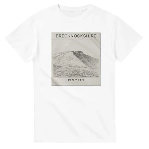 Fine-line engraving-style drawing for Brecknockshire, with a landmark caption and small coordinate text.