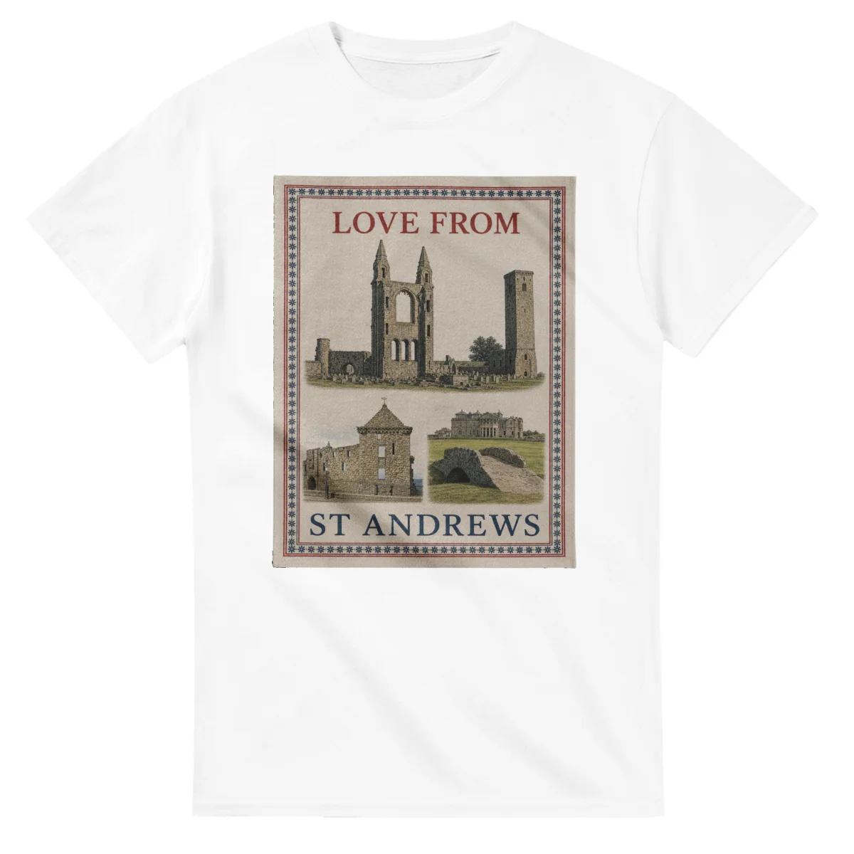 Framed scenic design for St Andrews, with several local views, a decorative border and LOVE FROM lettering.