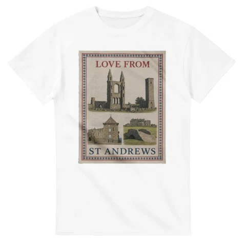 Framed scenic design for St Andrews, with several local views, a decorative border and LOVE FROM lettering.