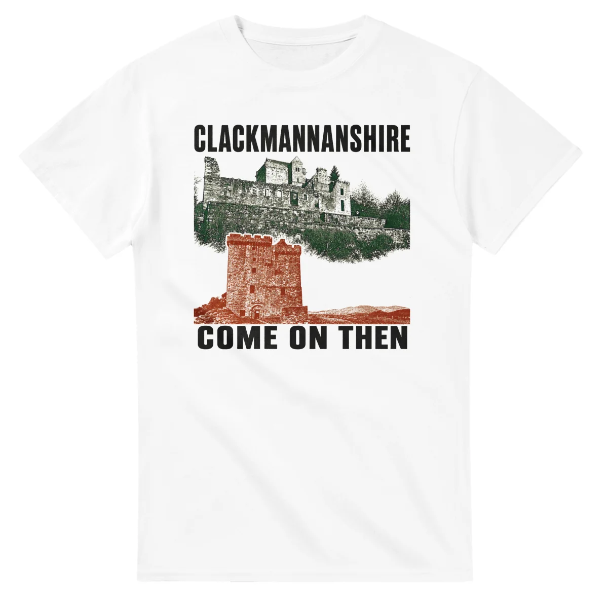 Two-colour scenic illustration for Clackmannanshire, with the place name and COME ON THEN lettering.