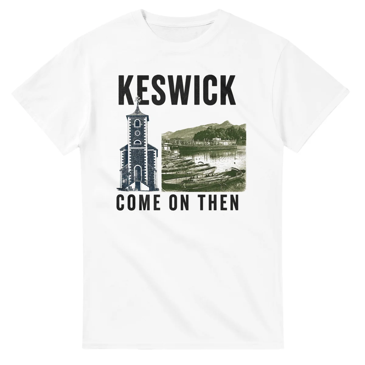 Two-colour scenic illustration for Keswick, with the place name and COME ON THEN lettering.