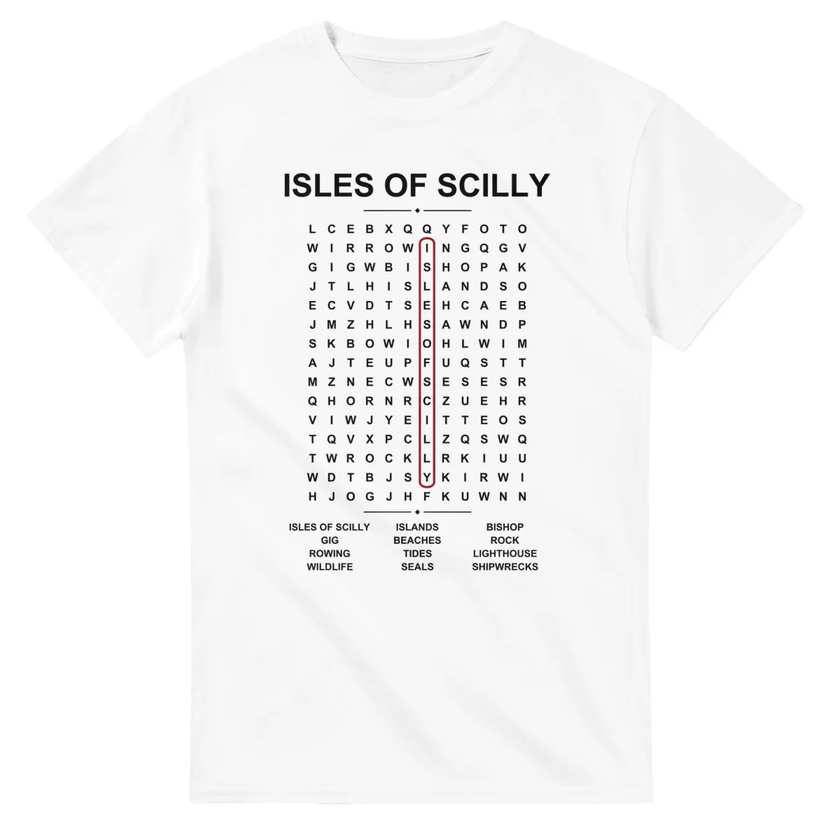 Word-search sheet for Isles of Scilly, with a large place-name heading, a letter grid, a local answer list, and a red highlighted example word.