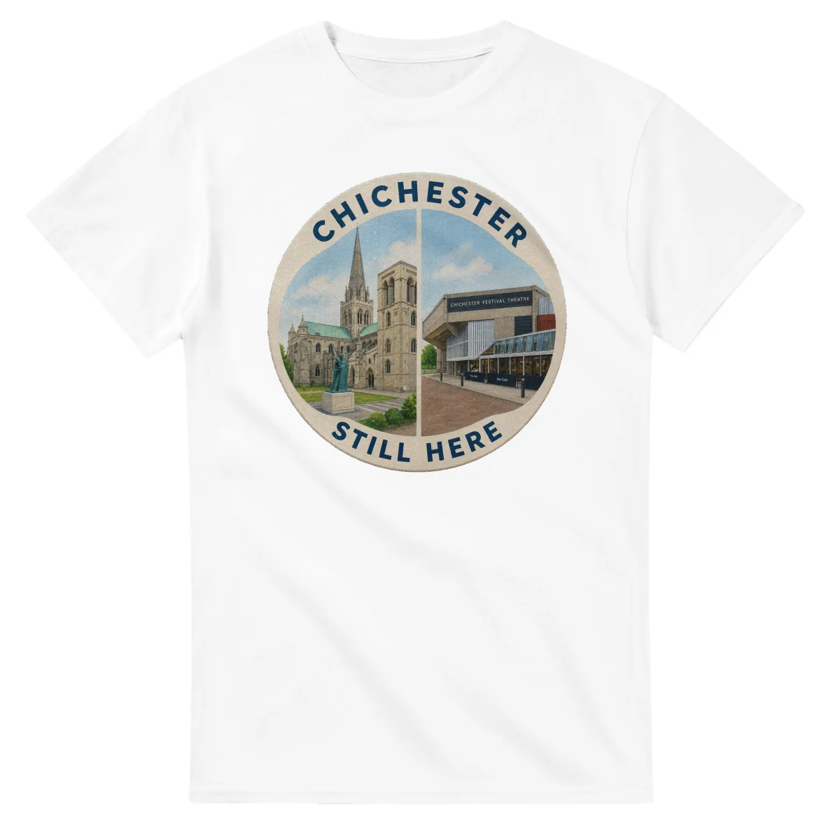 Painted, panelled scenic illustration for Chichester, with paired local scenes and the place name in lettering.