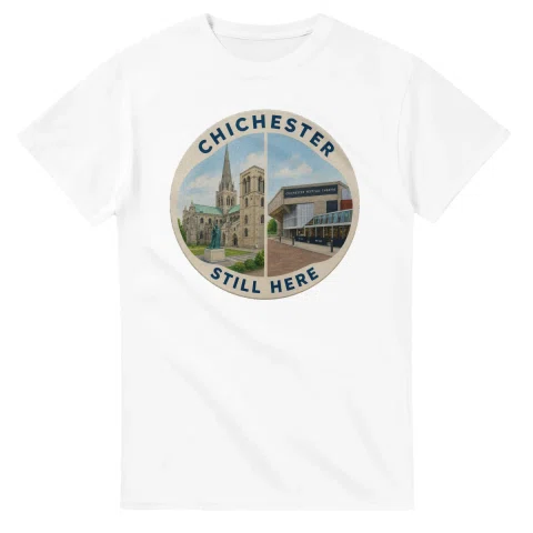 Painted, panelled scenic illustration for Chichester, with paired local scenes and the place name in lettering.