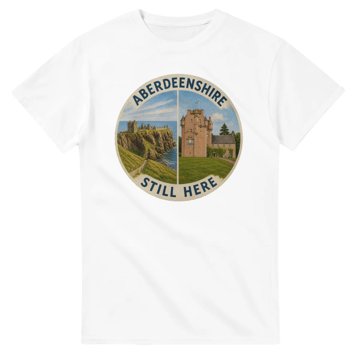 Painted, panelled scenic illustration for Aberdeenshire, with paired local scenes and the place name in lettering.