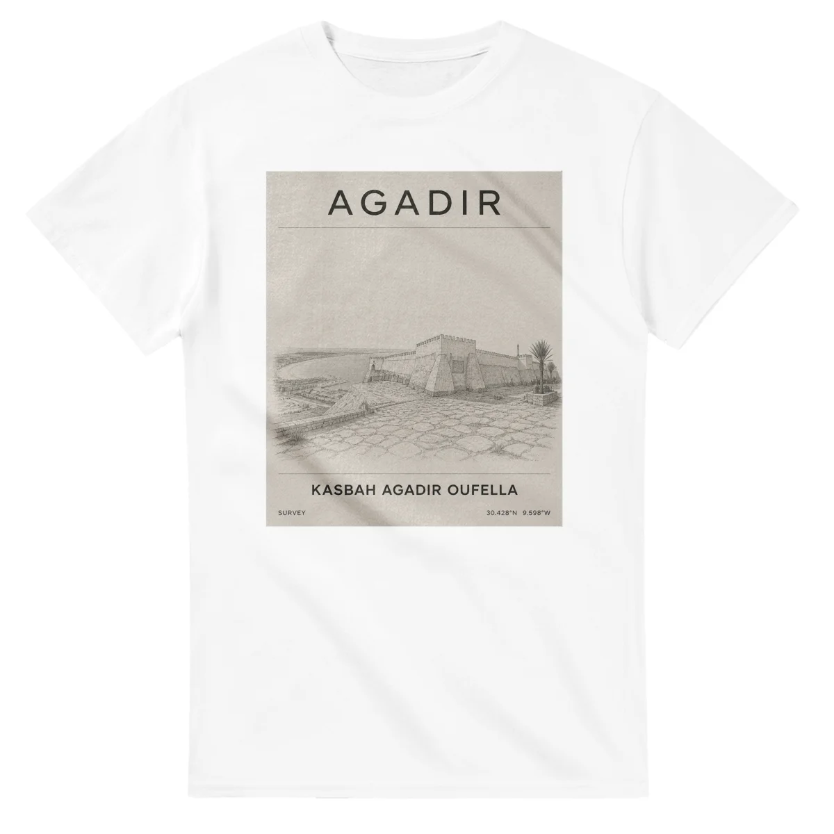 Fine-line engraving-style drawing for Agadir, with a landmark caption and small coordinate text.
