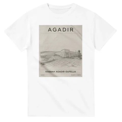 Fine-line engraving-style drawing for Agadir, with a landmark caption and small coordinate text.