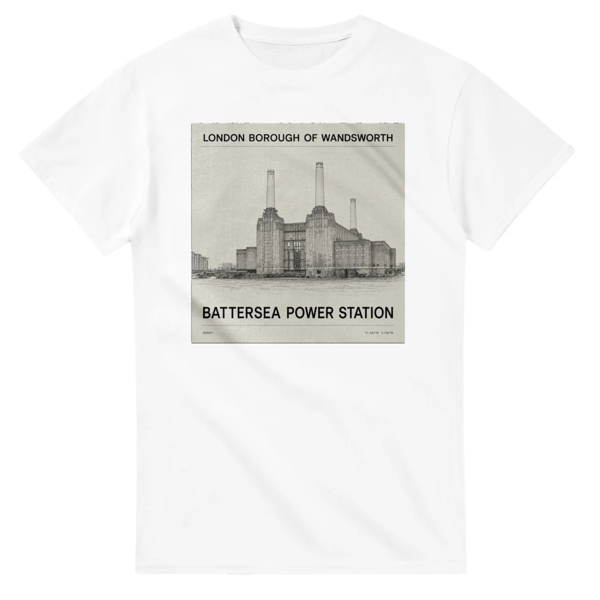 Fine-line engraving-style drawing for London Borough of Wandsworth, with a landmark caption and small coordinate text.