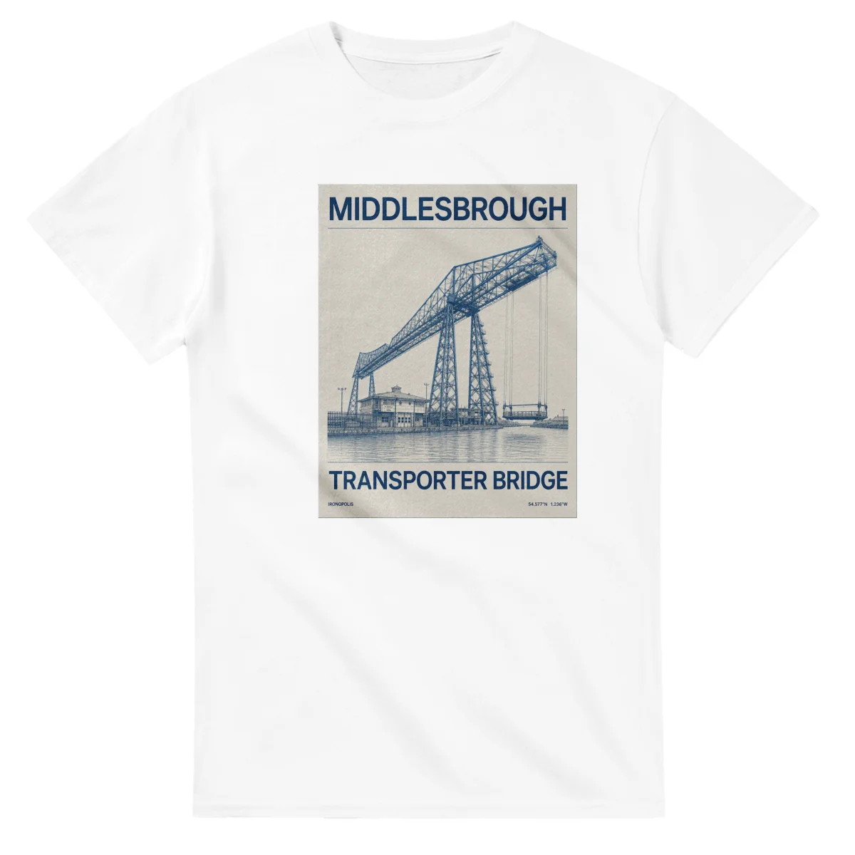 Fine-line engraving-style drawing for Middlesbrough, with a landmark caption and small coordinate text.