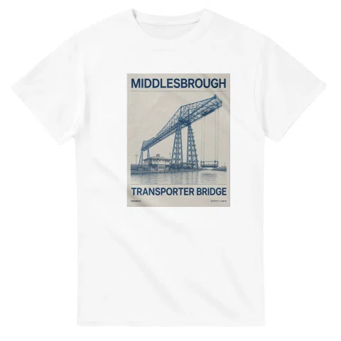 Fine-line engraving-style drawing for Middlesbrough, with a landmark caption and small coordinate text.