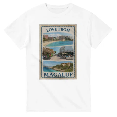 Framed scenic design for Magaluf, with several local views, a decorative border and LOVE FROM lettering.