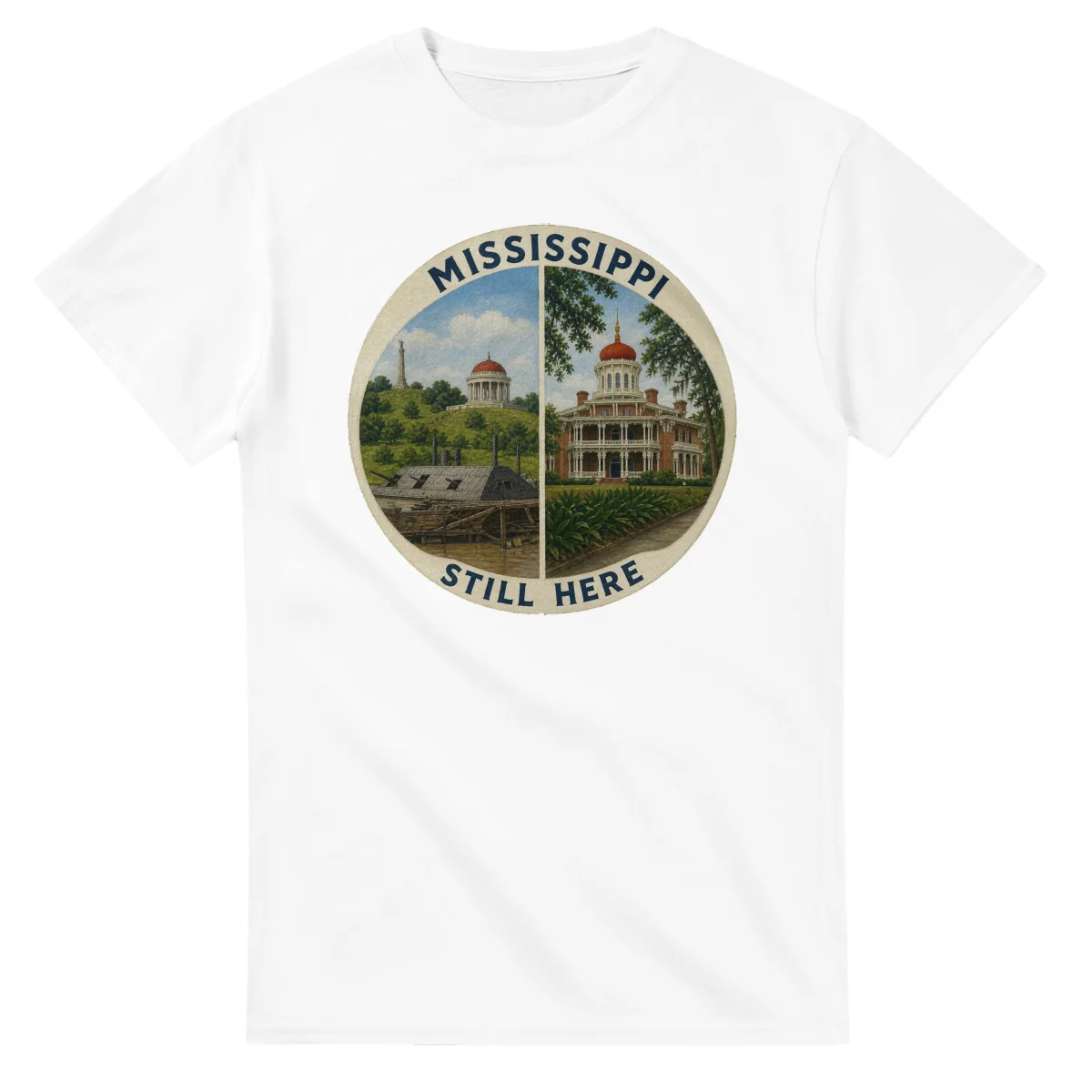 Painted, panelled scenic illustration for Mississippi, with paired local scenes and the place name in lettering.