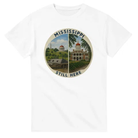 Painted, panelled scenic illustration for Mississippi, with paired local scenes and the place name in lettering.
