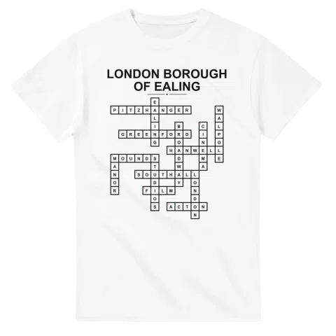 Monochrome crossword sheet for London Borough of Ealing, with a large place-name heading, a letter grid, and numbered across and down clues.