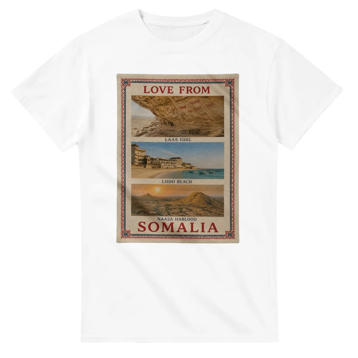 Framed scenic design for Somalia, with several local views, a decorative border and LOVE FROM lettering.