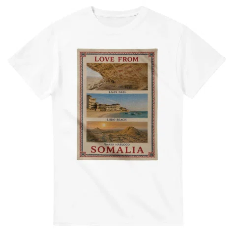 Framed scenic design for Somalia, with several local views, a decorative border and LOVE FROM lettering.