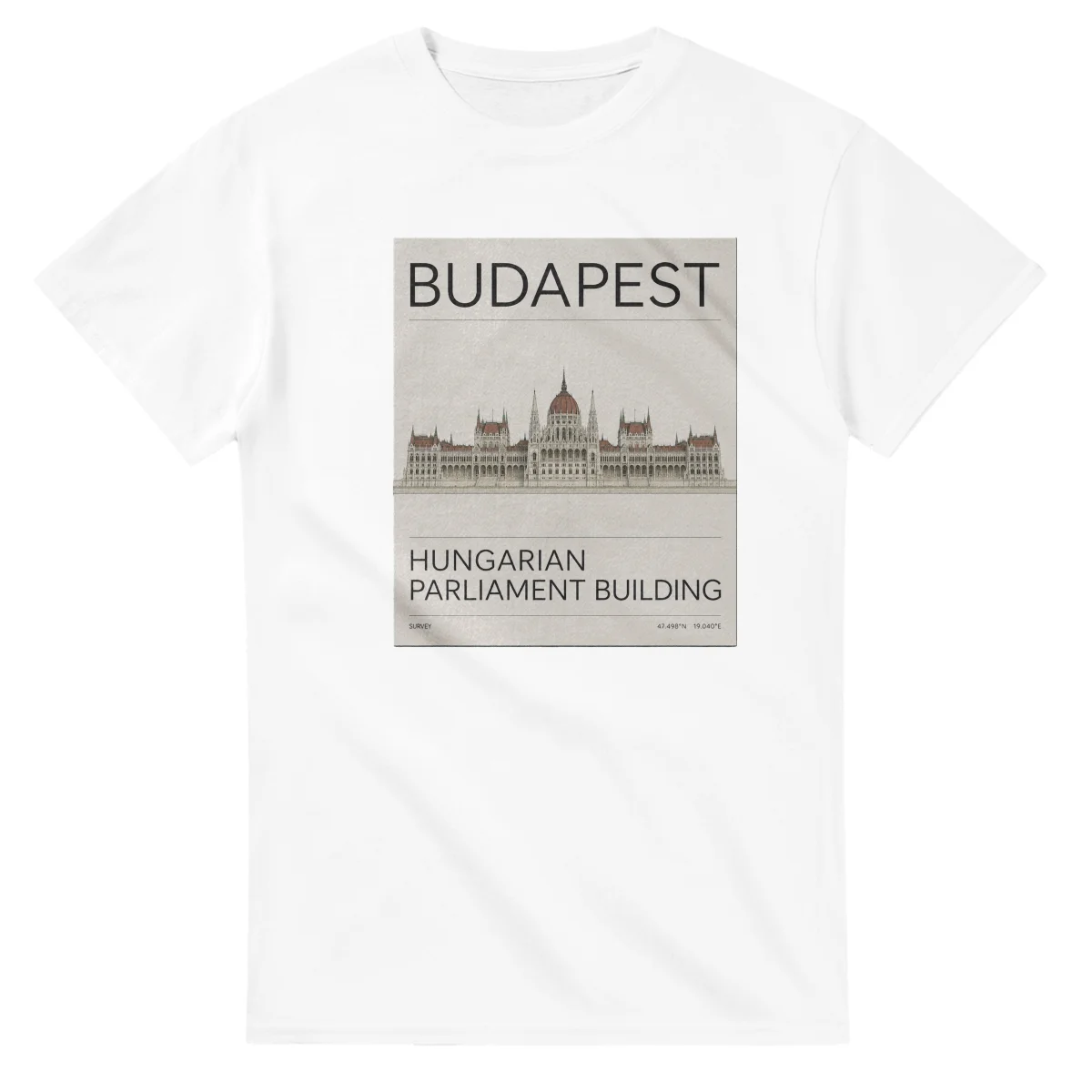 Fine-line engraving-style drawing for Budapest, with a landmark caption and small coordinate text.