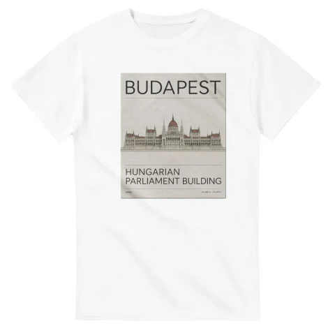Fine-line engraving-style drawing for Budapest, with a landmark caption and small coordinate text.
