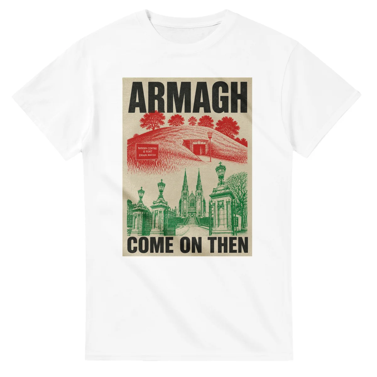 Two-colour scenic illustration for Armagh, with the place name and COME ON THEN lettering.