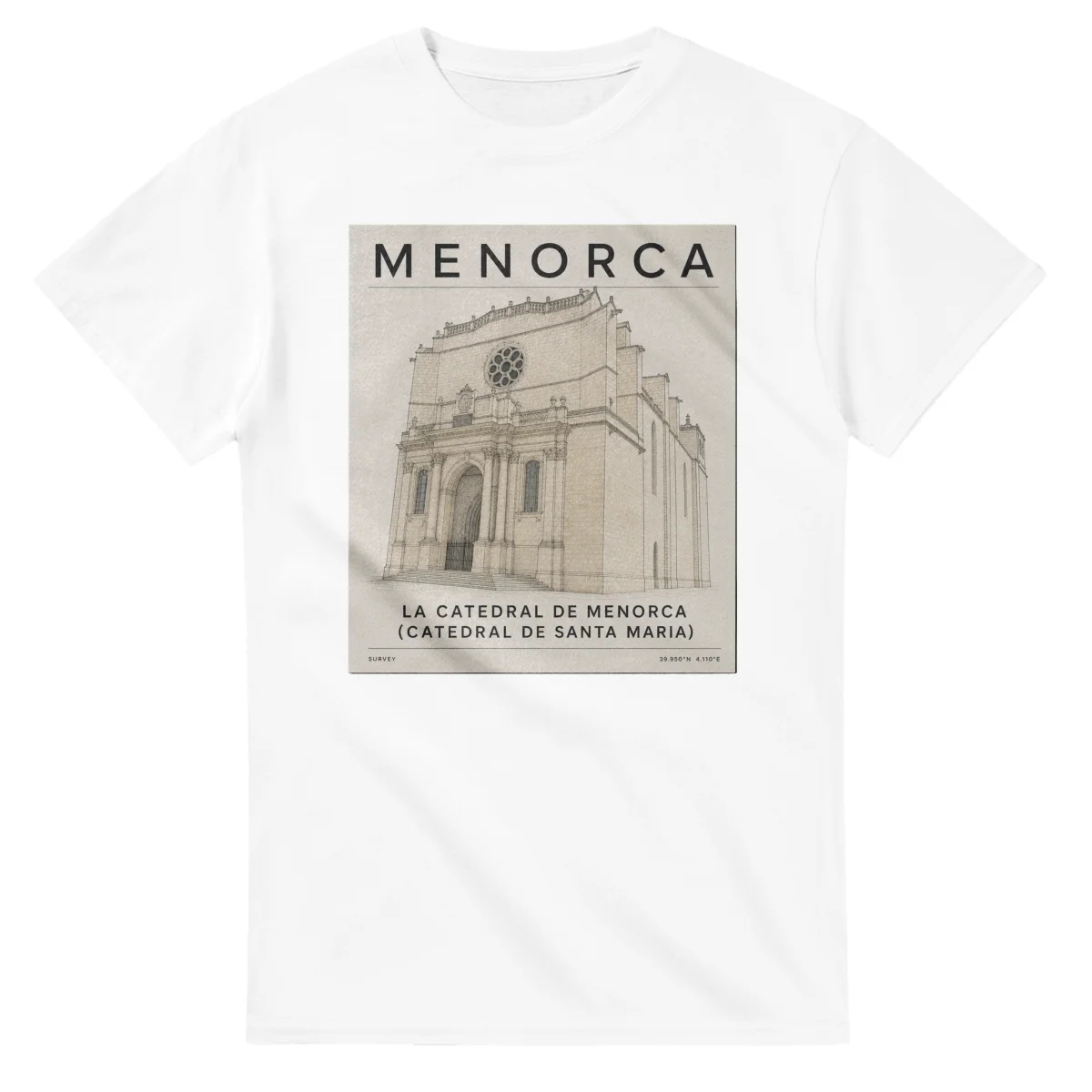Fine-line engraving-style drawing for Menorca, with a landmark caption and small coordinate text.