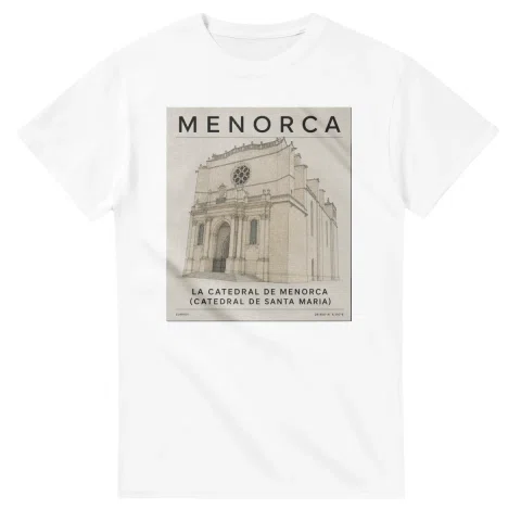 Fine-line engraving-style drawing for Menorca, with a landmark caption and small coordinate text.