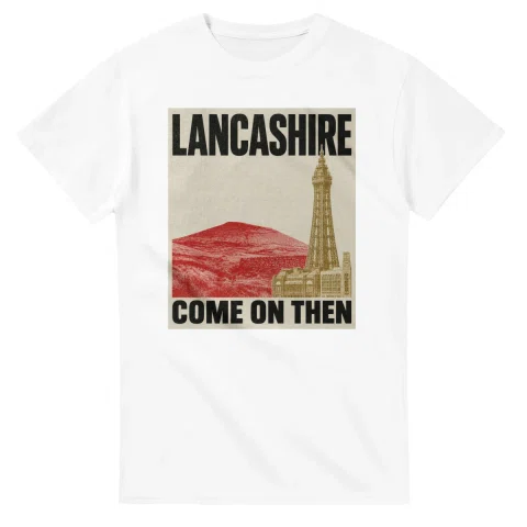 Two-colour scenic illustration for Lancashire, with the place name and COME ON THEN lettering.
