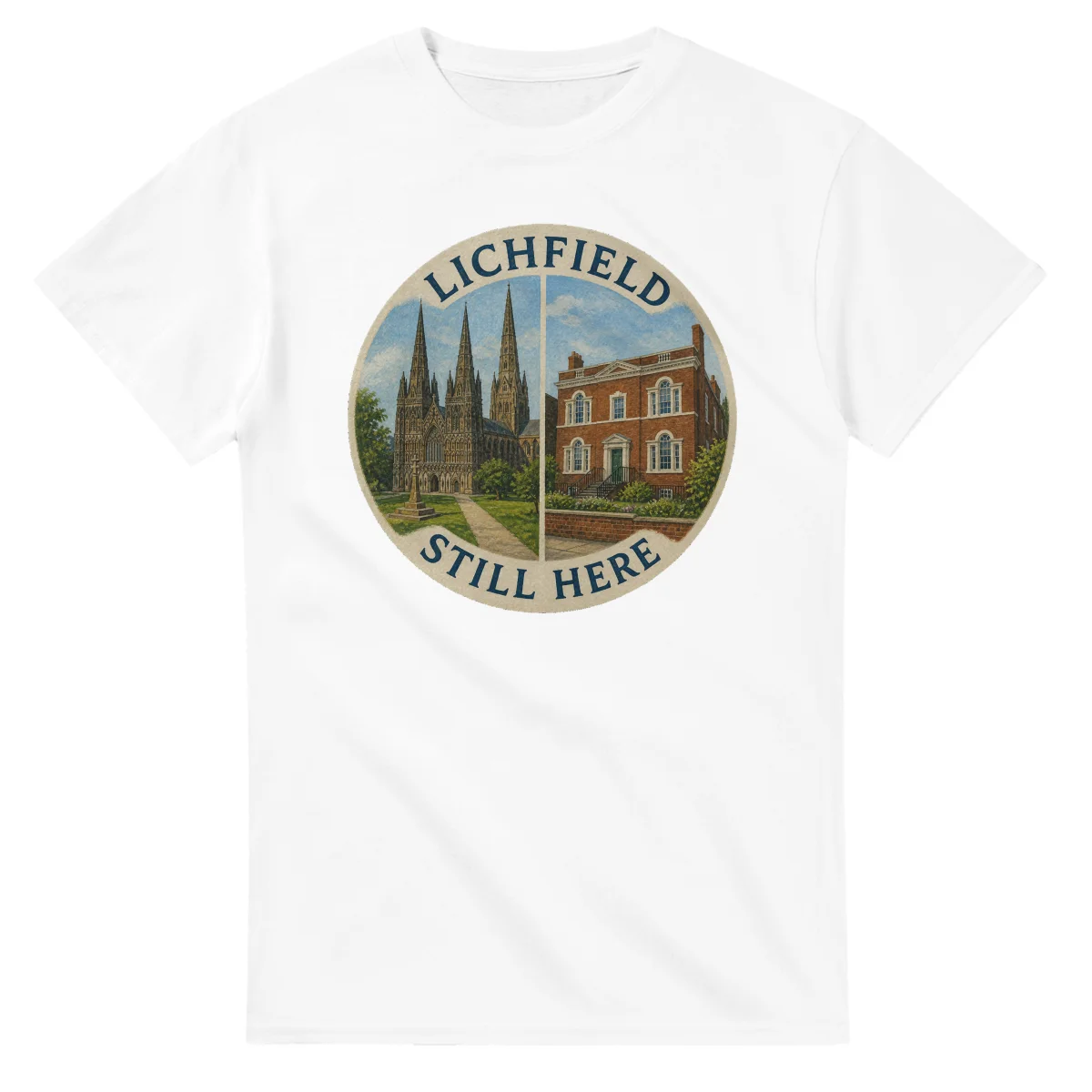 Painted, panelled scenic illustration for Lichfield, with paired local scenes and the place name in lettering.