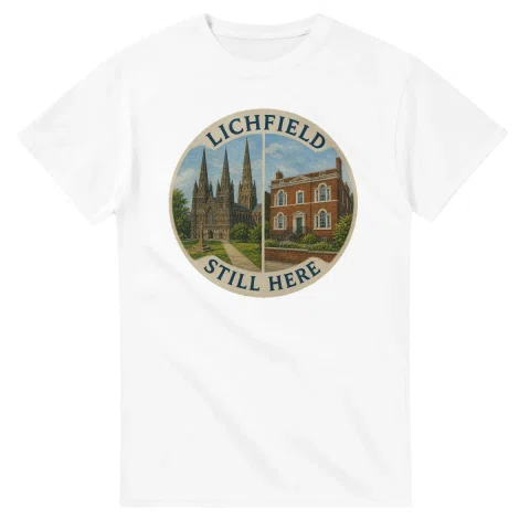 Painted, panelled scenic illustration for Lichfield, with paired local scenes and the place name in lettering.