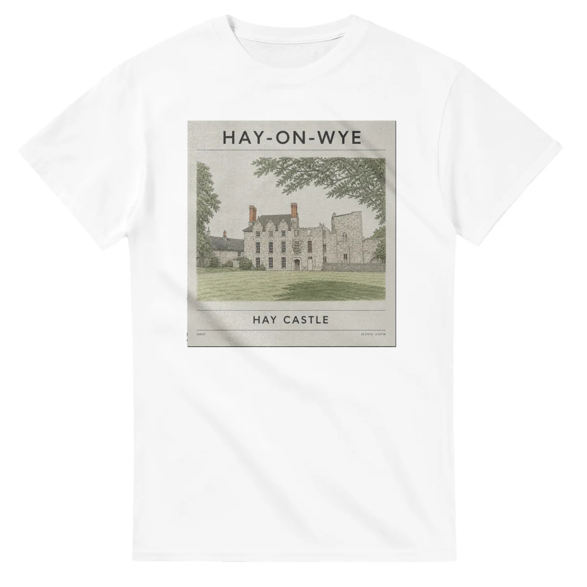 Fine-line engraving-style drawing for Hay-on-Wye, with a landmark caption and small coordinate text.