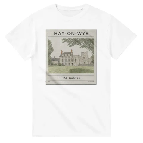 Fine-line engraving-style drawing for Hay-on-Wye, with a landmark caption and small coordinate text.