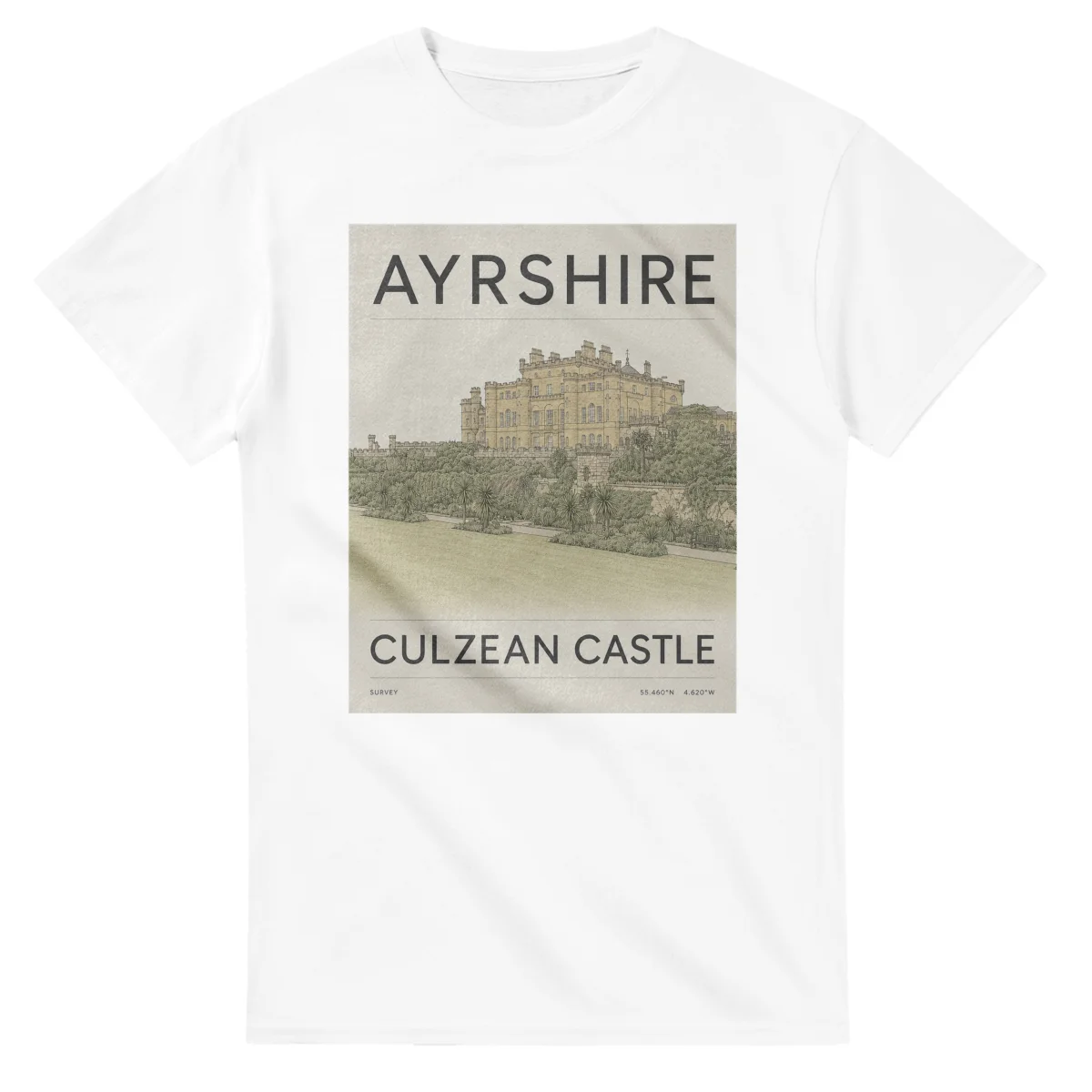 Fine-line engraving-style drawing for Ayrshire, with a landmark caption and small coordinate text.