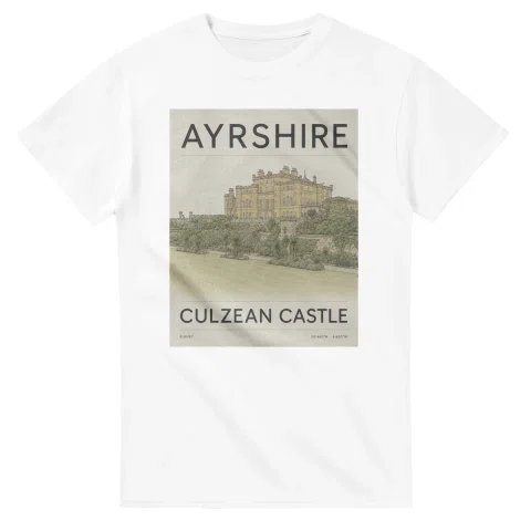 Fine-line engraving-style drawing for Ayrshire, with a landmark caption and small coordinate text.