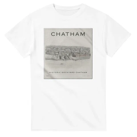Fine-line engraving-style drawing for Chatham, with a landmark caption and small coordinate text.